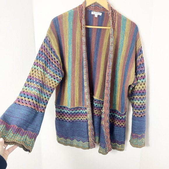 NorthStyle Sweaters - Open Knit Rainbow Cardigan Sweater Crochet Bell Sleeve Women L Beach Boho Indie